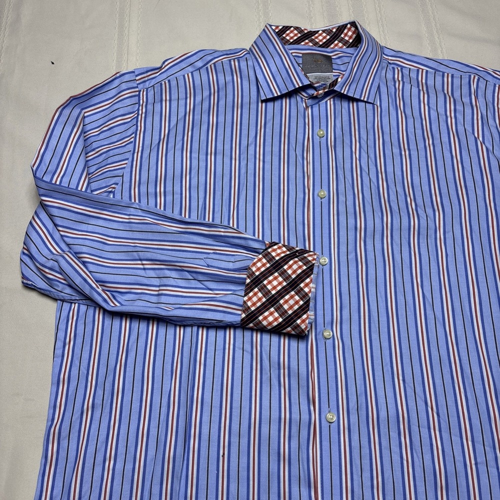 THOMAS DEAN MENS SHIRT XL BLUE BLACK ORANGE WHITE STRIPE DAMASK COTTON